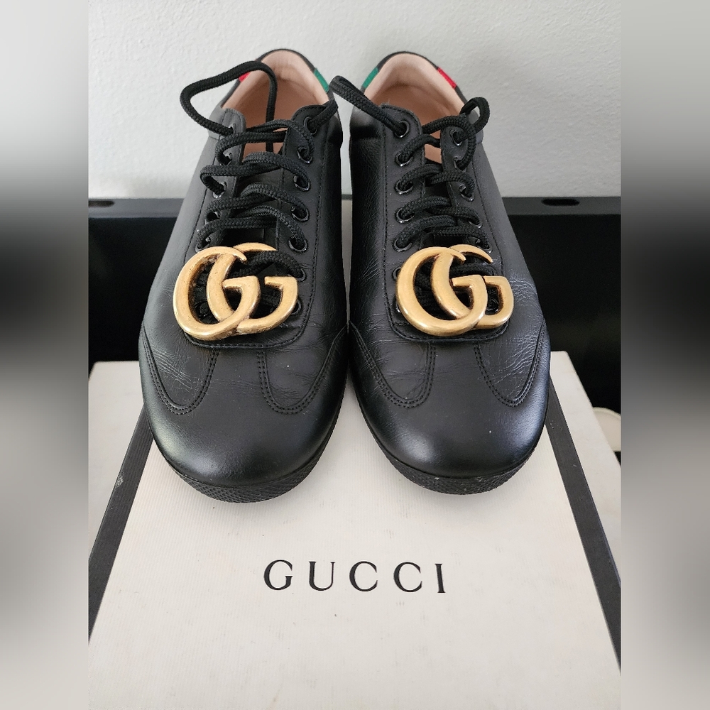 Gucci Black Leather GG Marmont Embellished Lace Up Sneakers